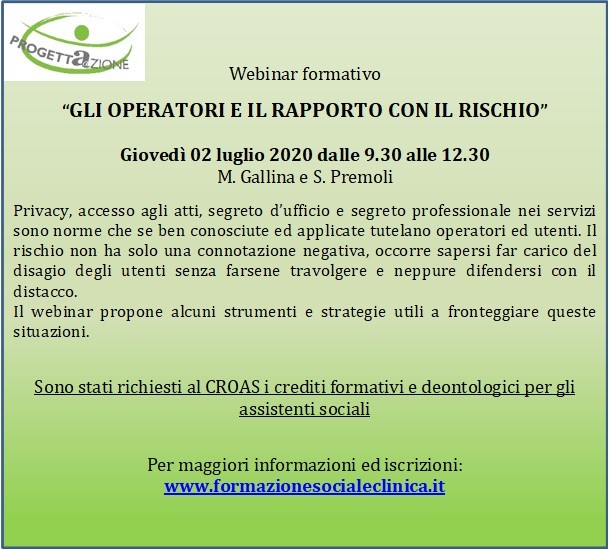 Assistenti sociali Lombardia. GLI OPERATORI E IL RAPPORTO CON IL RISCHIO – Giovedì 02 luglio 2020