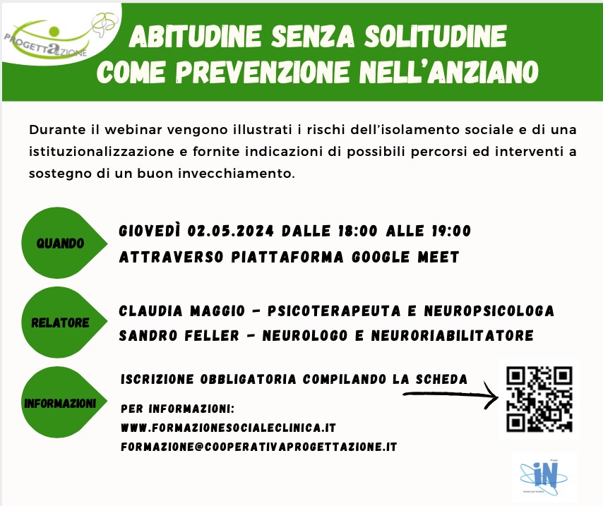 Abitudine senza solitudine come prevenzione nell’anziano – Webinar gratuito il 2 maggio 2024